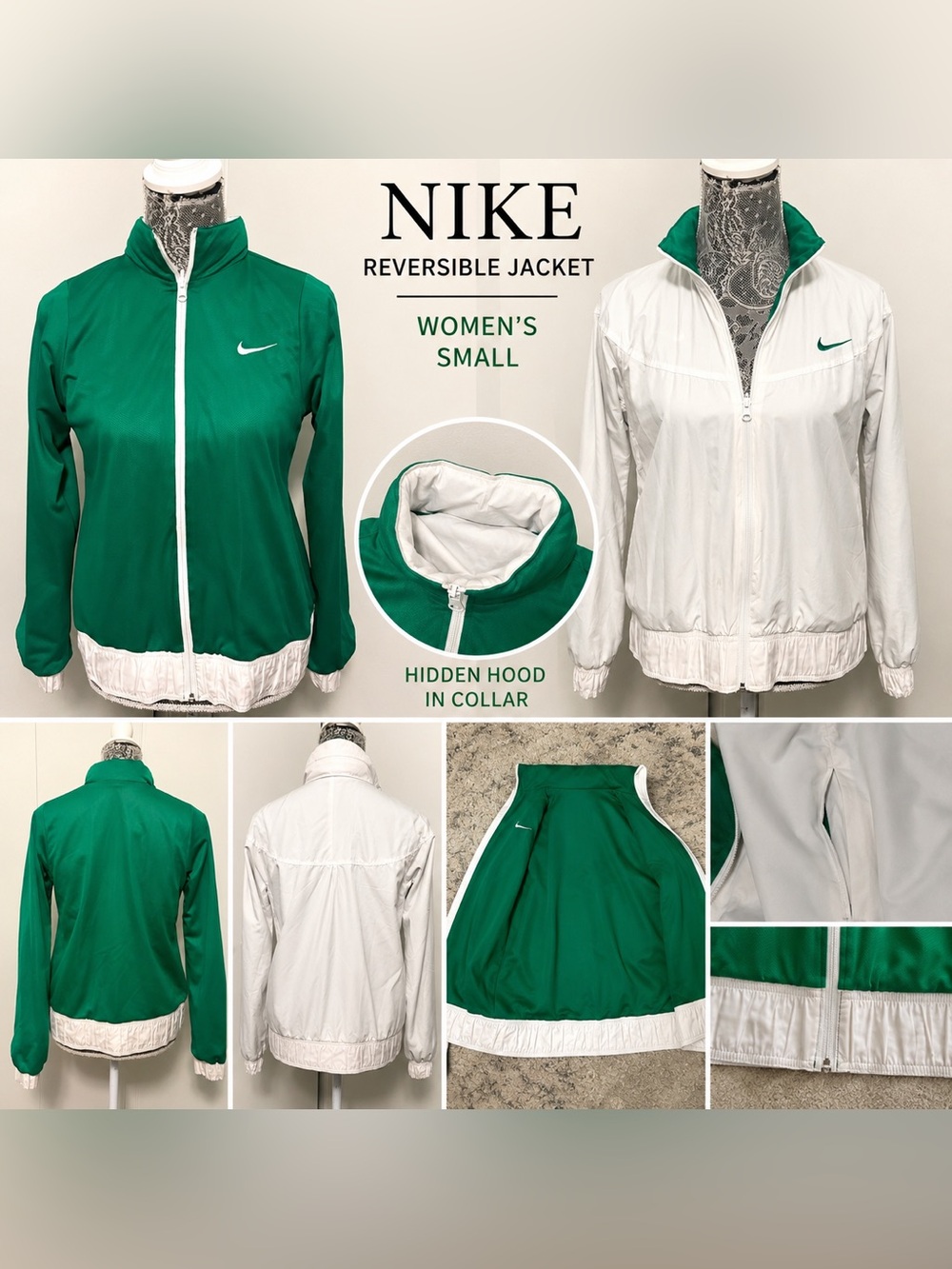 Nike Reversible Full Zip Jacket Women’s Small Green White Hooded Windbreaker